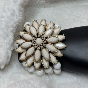 Vintage White 4 row beaded bracelet cuff with large flower of gold & white